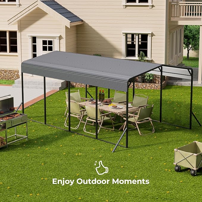 Lyromix 12x20 FT Outdoor Metal Carport, Heavy Duty Carport with Galvanized Steel Roof and 4 Support Feet, Extra Large Car Port Garage Shelter for Car, Boat and Tractor