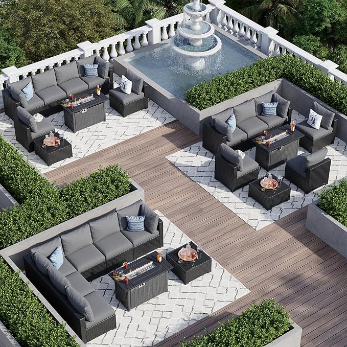 Aoxun 8 Piece Patio Furniture Set with 44” Fire Pit Table Wicker Rattan Patio Sectional Sofa Set Outdoor Seating Furniture with Thickened Cushion, Grey