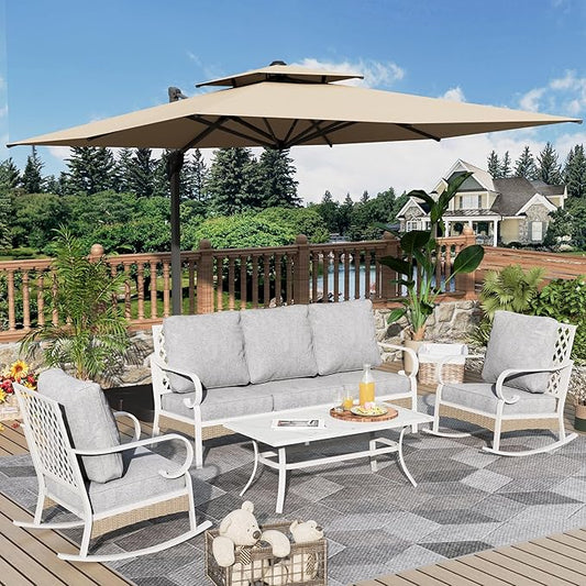 4 Piece Patio Furniture Set, 2 x Rocking Chair, 1 x 3-Seat Sofa with Marbling Coffee Table, 5 Seats Outdoor Conversation Set for Lawn Garden Backyard, Light Gray