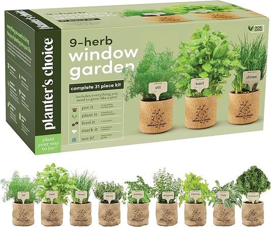 Planters' Choice 9 Herb Indoor Window Garden Kit - House Plants Seeds - Best Unique Easter Gift Ideas for Women, Mom, Friend, Her, Birthday, Housewarming, Mother - New Home Kitchen Gifts