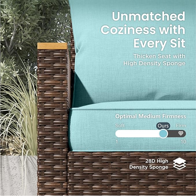 PHI VILLA 7-Piece Half Moon Patio Furniture Set with 56" Fire Pit Table, Outdoor Wicker Sectional Sofa with Cushions, Large Curved Conversation Seating for Garden or Backyard, Aqua Blue