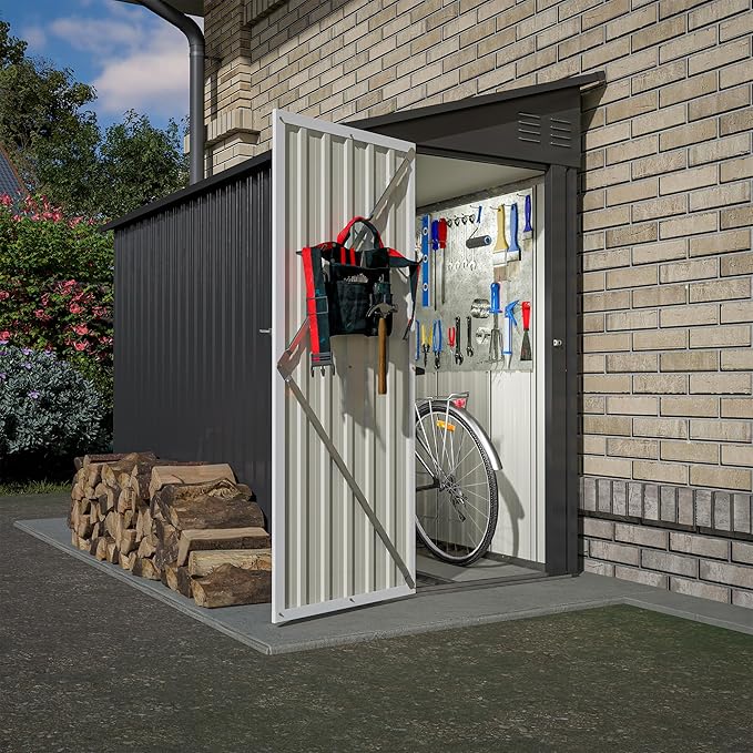 8x4 FT Outdoor Storage Shed, Metal Shed with Lockable Door, Sloping Roof, All-Weather Lean to Resin Shed for Garden, Backyard, Patio, Lawn (Black)