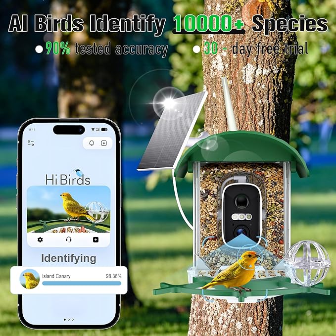 Voxblend Bird Feeder with Camera 3W Solar Powered Panel: Smart Bird Feeder for Outdoors with AI Birds Identify Auto Capture, 2K Live Video, Instant Arrival Alert, Ideal Gift for BirdLovers(Green)