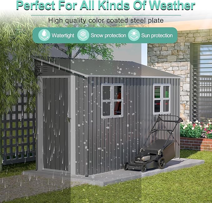 4x10 FT Outdoor Storage Shed, Metal Shed, Lockable Door, Sloping Roof, All-Weather Lean to Resin Shed for Garden, Backyard, Patio, Lawn (Gray)