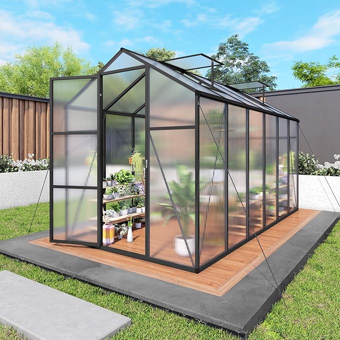 KEIKI 6x12 FT Polycarbonate Greenhouse for Outdoors, Durable Aluminum Walk-in Greenhouse with Gutter Drainage & Tall Growing Space for Plants, Black