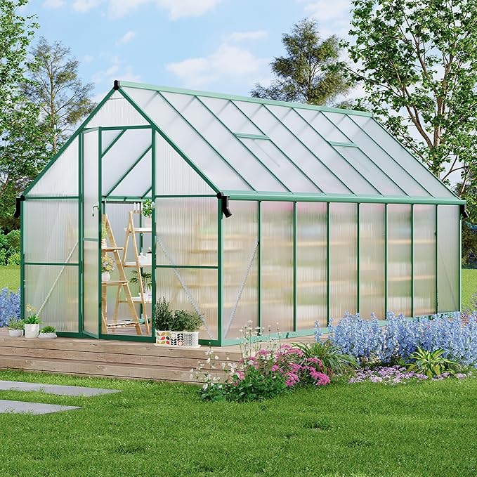 Polycarbonate Greenhouse for Outdoors, Large Walk-InGreenhouse with Quick Setup Structure and Roof Vent, Greenhouse with Ventilation