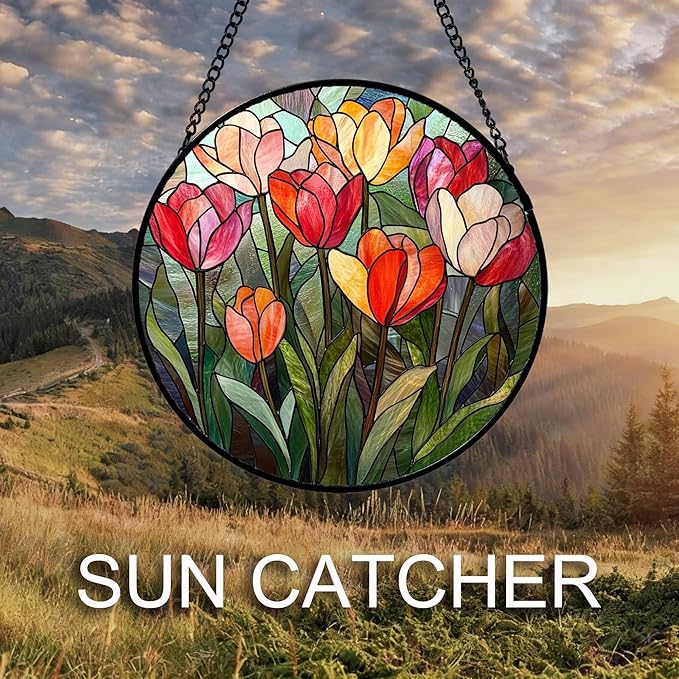 QZQCBLC Stained Glass Window Hanging Red and Pink Tulips 6.3" - Plant Suncatcher Door Garden Flower Sun Catcher Home Decor Birthday Christmas for Mom Woman Wife Friend Nana
