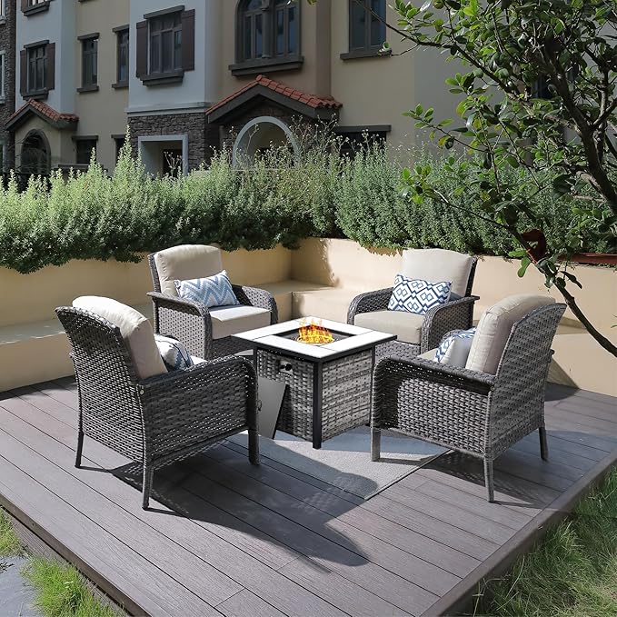 ovios 4 Pieces Patio Furniture Set with 30" Fire Pit Table, Outdoor Wicker Chairs of 4, All Weather High Back Rattan Chairs 4-Seater with Comfy Cushions, Beige