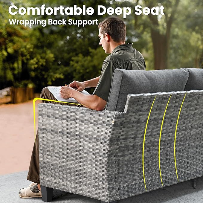 ovios 7 Pieces Patio Furniture Set, Outdoor Wicker Sofa Couch with Rocking Swivel Chairs Fire Pit Table, Modern Deep Seat Rattan Conversation Sets for Porch Deck, Black