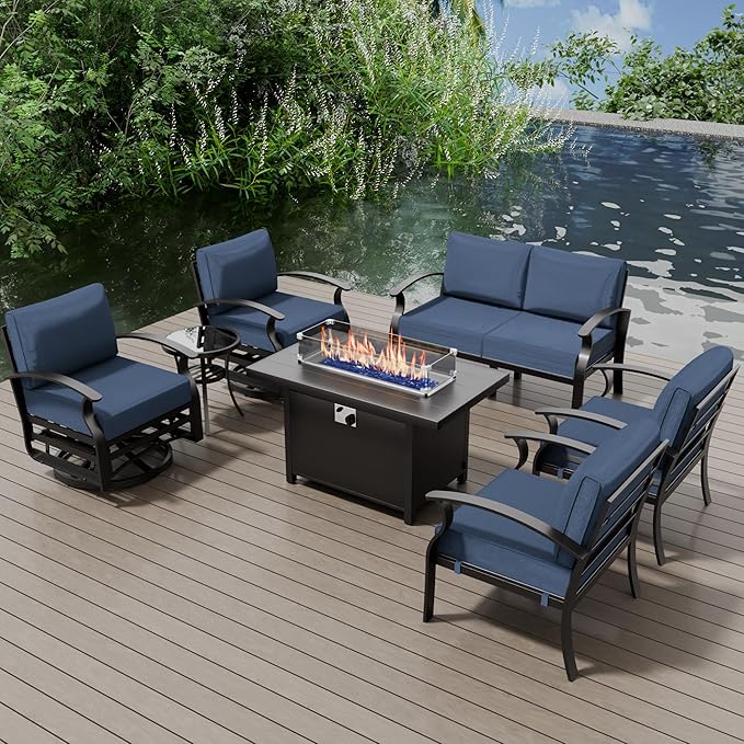 Aluminum Patio Furniture Set with Fire Pit Table, 6 Seats Outdoor Patio Conversation Sets with Swivel Chair Modern Metal Patio Sectional Sofa with Upgrade Cushions for Patio, Backyard Navy