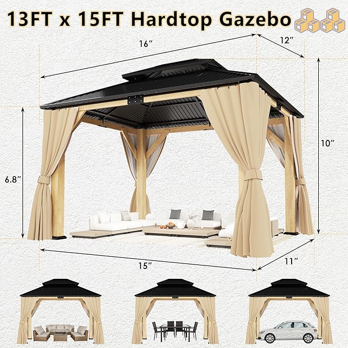 ROCSUMOO 13'x 15' Outdoor Wooden Gazebo, Patio Hardtop Gazebos with Double Roof, Double Galvanized Steel Hardtop Roof Wood Frame with Netting and Curtains (13'x 15')