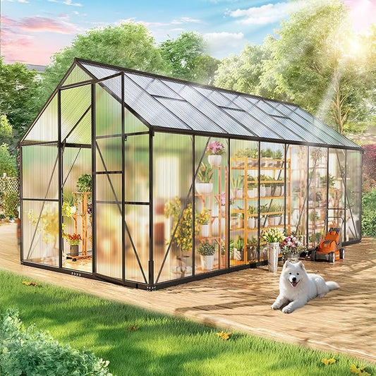 Wanan 16x8FT Greenhouses for Outdoors, Quick Assembly Polycarbonate Green House with UV Protection, Heavy Duty Windproof Aluminum Frame, Adjustable Roof Vent for Backyard or Outdoor Garden Use