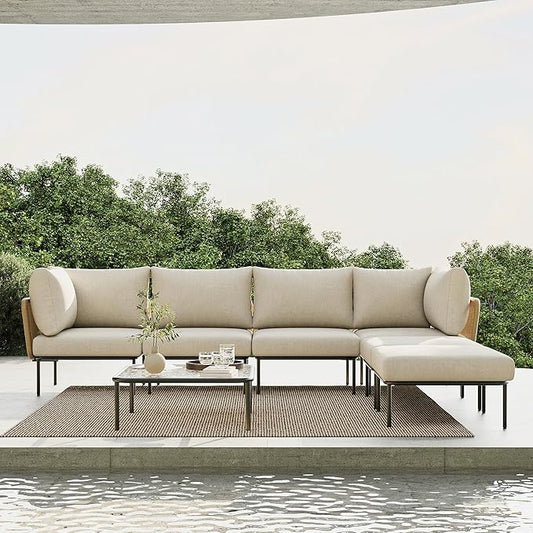 7 Piece Modern Outdoor Rope Wicker Sectional Patio L-Shaped Conversation Sofa Set Deep Seating with Thick Cushions