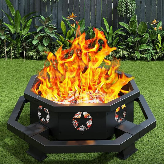 45 Inch Fire Pit for Outside Wood Burning, Outdoor Octagonal Fire Pit with Poker, Large Firepit for Camping, Backyard, Patio, Black