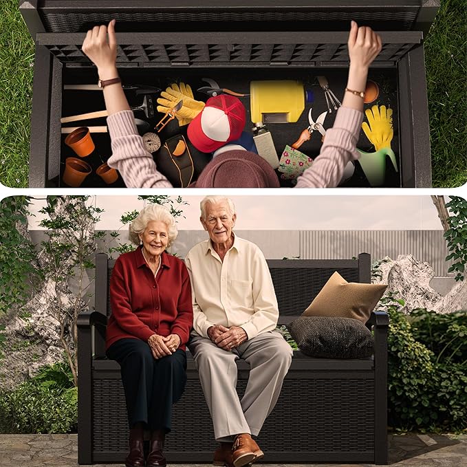 EasyUp 80 Gallon Outdoor Storage Bench, Waterproof and Lockable Deck Box Outdoor Storage Furniture for Patio,Garden,and Porch – Perfect for Storing Garden Tools and Cushions(Black)