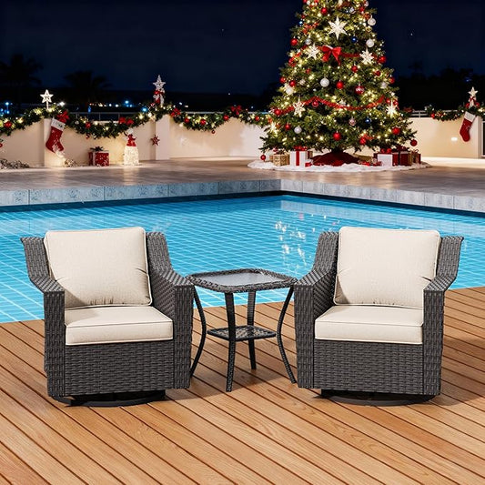 3 Pieces Patio Conversation Furniture Set - 2 Swivel Chairs, 1 Side Table, Outdoor Wicker Rocking Glider Armchairs with Washable Cushions for Porch, Balcony, Sunroom (Beige)