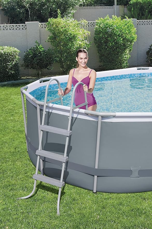 Bestway 56631E-BW Power Steel Oval Frame Above Ground Backyard Summer Swimming Pool Set with Filter Pump and Safety Ladder, 14' x 8' x 39" (Gray)