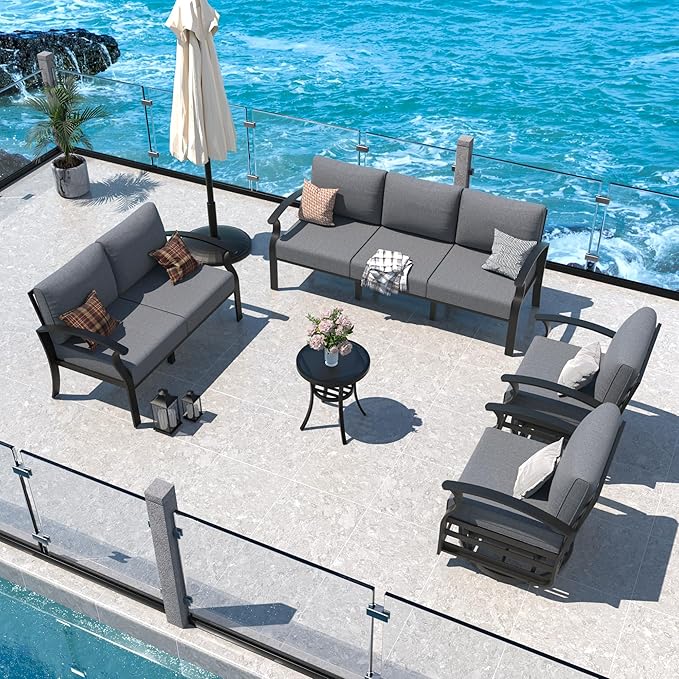 Aluminum Patio Furniture Set, 7 Seats Outdoor Patio Conversation Set with Swivel Chair Modern Metal Patio Sectional Sofa with Upgrade Cushions for Patio, Backyard Grey