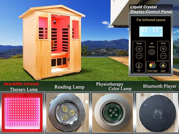 LTCCDSS 3-Person Full Spectrum Outdoor Infrared Sauna - Virginia Basswood Low EMF Saunas for Home - Near&Mid-IR Light, Bluetooth, LED Reading Lamps, Chromotherapy Lights, 81.1 * 45 * 83.5 inch