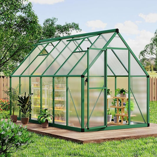 6x11 FT Outdoor Greenhouse, Polycarbonate Greenhouse with Roof Vent and Ground Nails, Aluminum Large Walk-in Green House w/ Lockable Push Door for Outside Garden Backyard (Green, 6x11 FT)