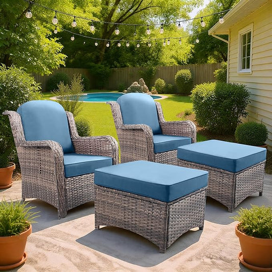 4 Pcs High Back Wicker Patio Chairs Set with Ottoman, Outdoor Porch Chair with Thick Cushion for Balcony Deck Yard and Porch, Peacock Blue