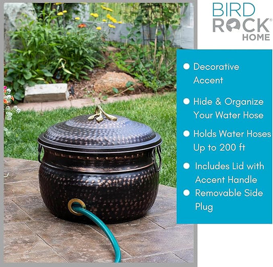 BIRDROCK HOME Water Hose Holder - Decorative Metal Pot, Indoor or Outdoor, Garden Storage Organizer, Patio Portable Bucket - Distressed Bronze, Holds up to 200ft Hoses, Large with Lid