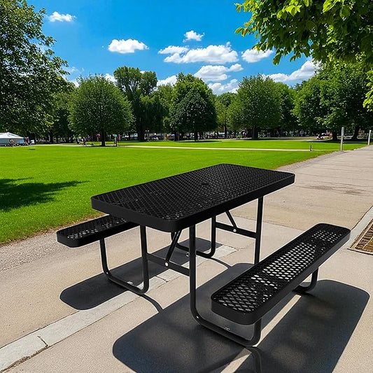 4FT Metal Picnic Table with Benches, Rectangular Lifetime Picnic Table with Umbrella Hole, Outdoor Furniture Heavy Duty Sturdy Commercial Picnic Tables for Patio Garden Courtyard BBQ Shopping Centers