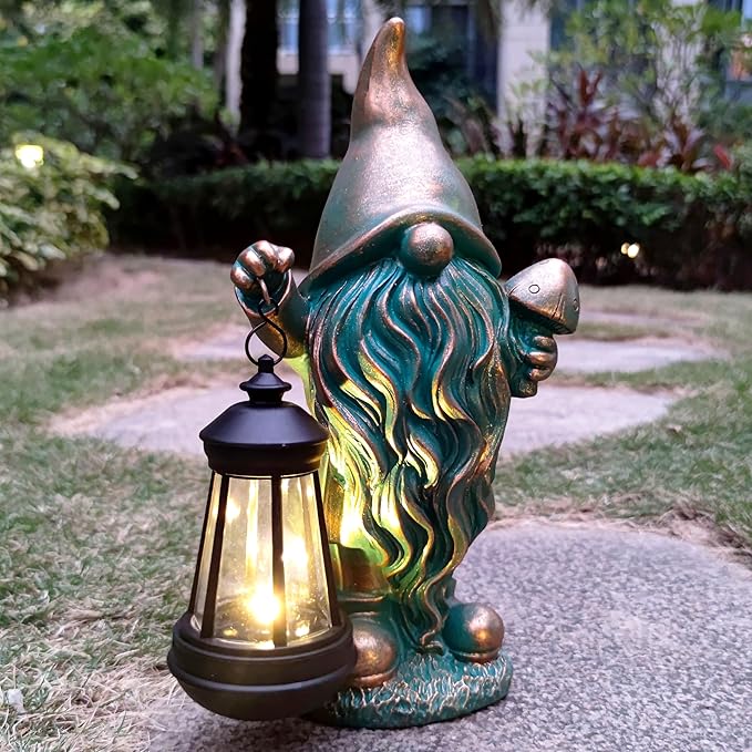 RCTTICUU Gnomes Garden Statue Outdoor Décor with Solar Lights Lantern,Gnome Solar Light Figurines Outside Decorations for Yard，Lawn Patio, Balcony, Unique Housewarming Gifts