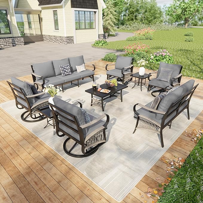 9-Piece Patio Conversation Sets, Metal Outdoor Furniture Set Includes 3-Seater 4 Swivel Rockers with 2 Side Tables 1 Loveseat with Coffee Table for Backyard Garden Deck Porch Poolside, Gray