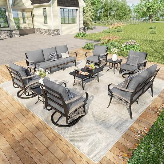 9-Piece Patio Conversation Sets, Metal Outdoor Furniture Set Includes 3-Seater 4 Swivel Rockers with 2 Side Tables 1 Loveseat with Coffee Table for Backyard Garden Deck Porch Poolside, Gray