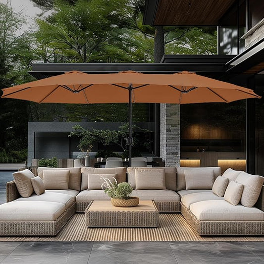GREEN PARTY 15 ft Rectangle Patio Umbrella with Base Included, Double-Sided Table Umbrella with Crank, Large Outdoor Umbrellas for Patio Poolside Garden Backyard, Tawny