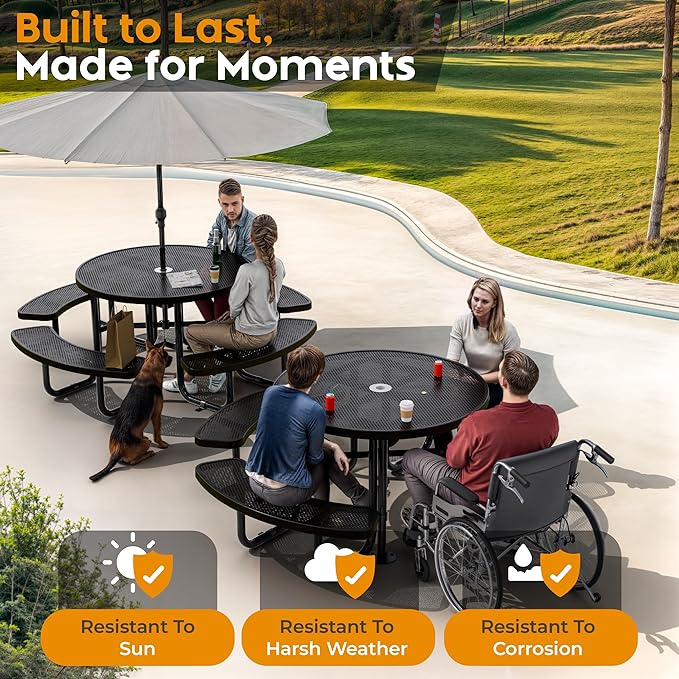 OUTTANS Metal Picnic Tables for Outdoors with Umbrella Hole - Coated Steel Heavy Duty Commercial Grade Furniture Set with Adjustable Seats (Black, 46 in, Round, Punched Steel)