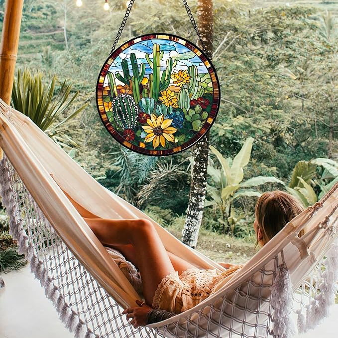 QZQCBLC Stained Glass Window Hanging Green Cactus with Yellow Flowers 6.3" - Suncatcher Door Garden Sun Catcher Home Decor Birthday Christmas for Mom Men Woman Friend Nana