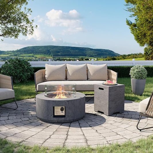Cosiest Propane Fire Pit with Wind Guard&Tank Cover for Outside, 28 in Round Gas Fire Pits for Outdoor Patio, Certified, 50000 BTU Concrete Rectangle Base with Rain Cover, Free Lava Rocks