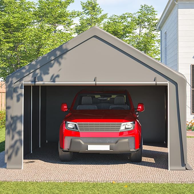 13x26 FT Canopy with 2 Roll-Up Doors,Waterproof Party Tent w/Steel Frame & Ventilation Windows,Carport & Storage Shelter for Vehicle,Car,Grey