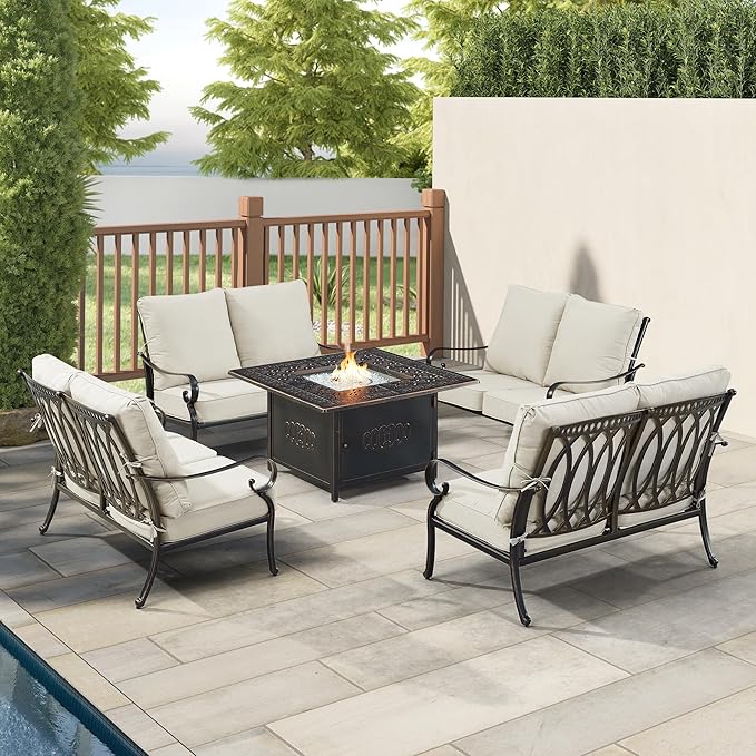Oakland Living RICA-4LS-RONIN-LGCU-AC Black Aluminum Patio Fire Table Set with Four Deep Seating Loveseat with Cushions, Antique Copper