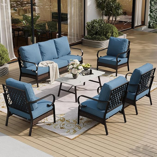 6 Piece Metal Outdoor Patio Furniture Sets, Patio Conversation Sets with 3-Seater Sofa, 4 Single Sofa (5.75" Thick Cushion) & Coffee Table, Black Frame Backyard Furniture, Denim Blue