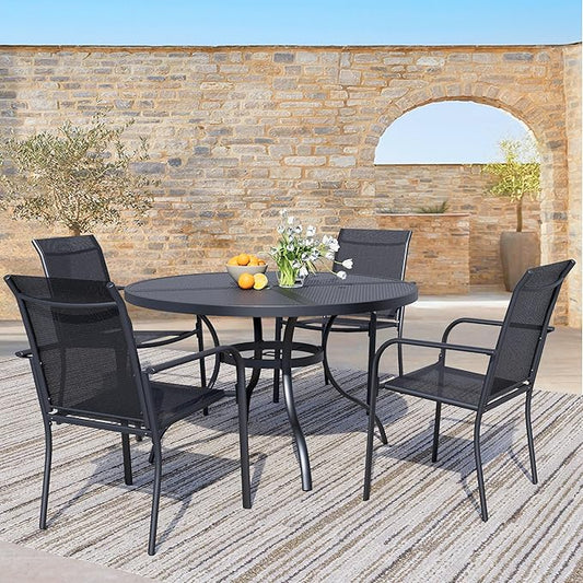 5 Piece Outdoor Dining Set, Patio Table and Chairs Set of 4, 42" Black Round Patio Table with 4 Black Stackable Patio Chairs for Lawn, Garden, Porch