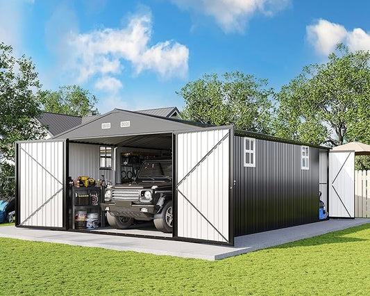AMERLIFE 13x21x8 FT Heavy Duty Metal Garage Shed, Extra Large Outdoor Storage Shed with Double Hinged Doors, 4 Windows, Carport for Car, Truck, Bike and Garden Equipment, Dark Gray