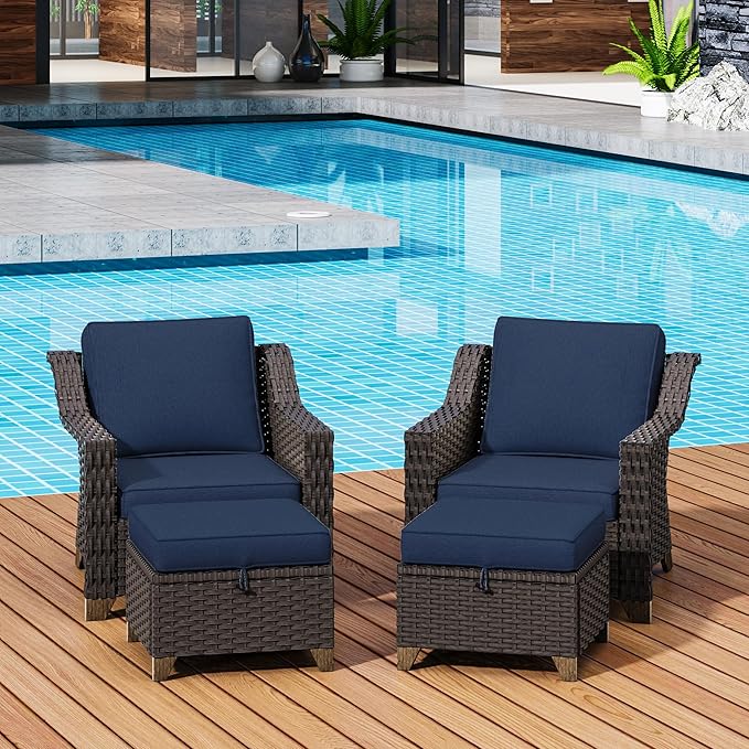 4 Pieces Patio Conversation Furniture Set - 2 Chairs with Ottomans Set of 2, Outdoor Wicker Armchairs with Water-Resistant and Washable Cushions for Porch, Balcony, Sunroom (Navy Blue)