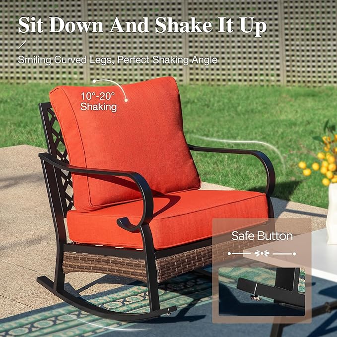 HERA'S HOUSE 6 Piece Metal Patio Furniture Set with 56" Fire Pit Table, All Weather Outdoor Conversation Set, 3 Seat Sofa, 2 Rocking Chairs, 2 Fixed Chairs, Seats 7 for Backyard, Garden, Deck, Red