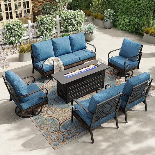 HERA'S HOUSE 6 Piece Metal Patio Furniture Set with 56" Fire Pit Table, All Weather Outdoor Conversation Set 7 Seats, 3 Seat Sofa, 2 Swivel Chair, 2 Fixed Chair for Backyard Garden Deck, Pacific Blue