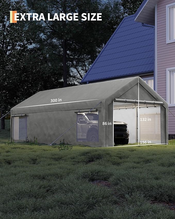 13x25 Ft Carport, Heavy Duty Portable Garage with Roll-Up Doors & 4 Windows,200g PE Tarp Waterproof & UV Protected,All-Weather Design,for Car, Boat, Truck, Motorcycle, ATVs, and SUV