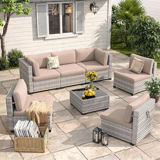 6-Seat Modular Patio Furniture Set – Outdoor Wicker Sectional Sofa with Thick 4″ Cushions, Dual-Strand PE Rattan, Rust-Resistant 18 mm Steel Frame, Backyard Garden Deck Lounge,Beige