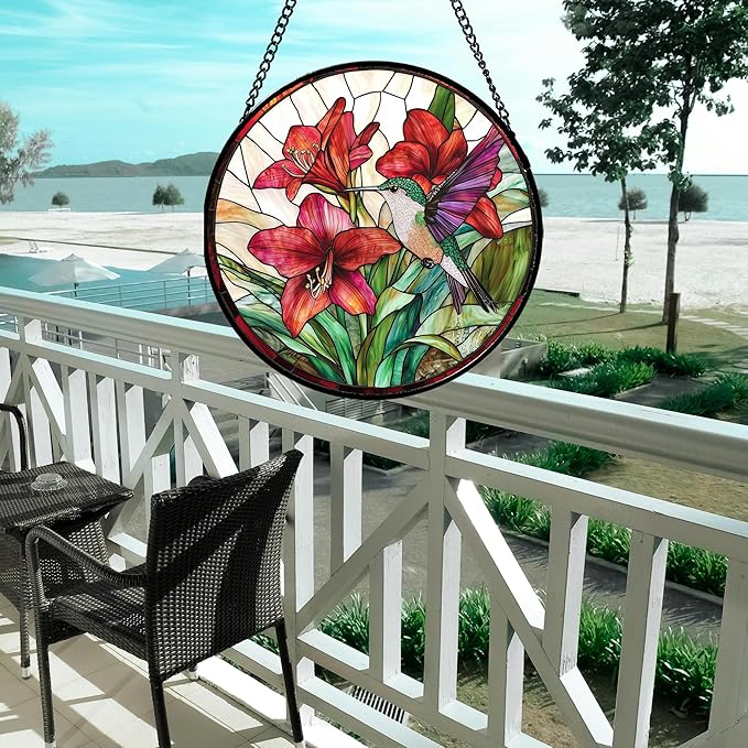 AMDERVEN Stained Glass Window Hanging - Hummingbird On Red Lily Flower Sun Catcher for Door Garden Decor Suncatcher Christmas Mother's Day Birthday Gifts for Bird Lovers Women Men Mom Nana 9.8 in