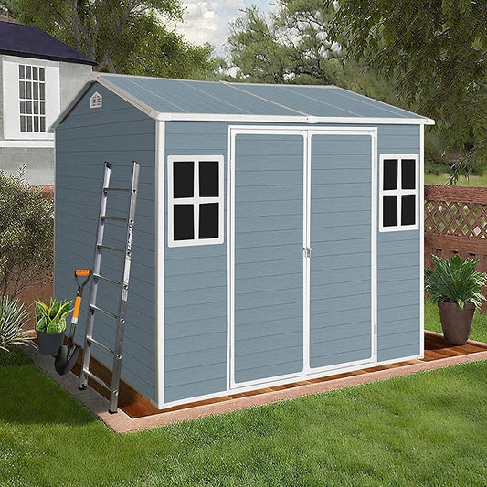 Resin Storage Shed 8x4 ft Outdoor Shed with Floor, Plastic Sheds with Two Windows and Lockable Double Door, Waterproof Garden Shed with Vents, Tool Sheds for Backyard, Patio, Lawn, Grey
