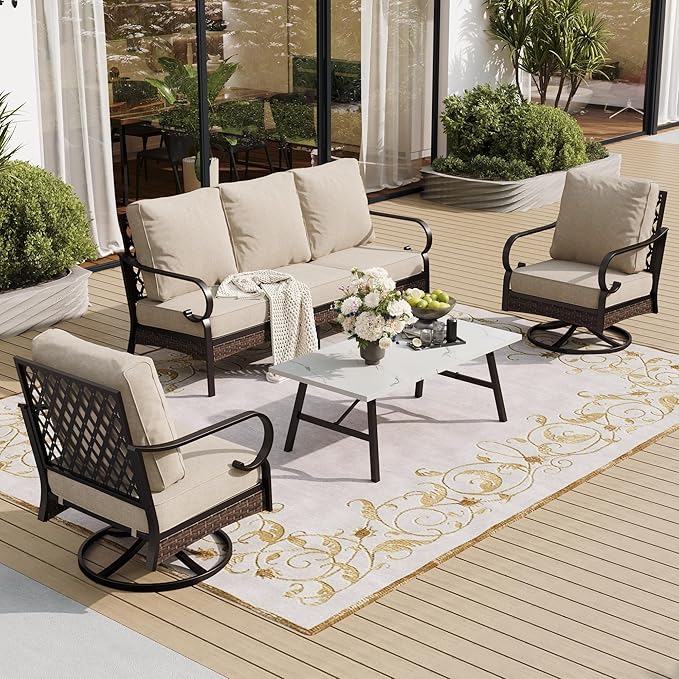 4 PCS Metal Outdoor Patio Furniture Set, Patio Conversation Sets 1 3-Seater Sofa, 2 Swivel Chairs with 5.75" Extra Thick Cushion & Coffee Table, Black Frame Backyard Furniture, Beige