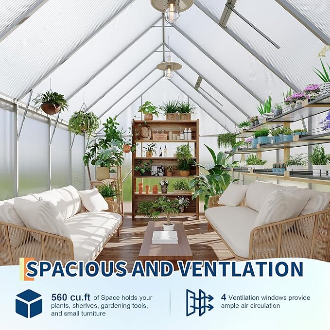 Polycarbonate Greenhouse for Outdoors, Large Walk-InGreenhouse with Quick Setup Structure and Roof Vent, Greenhouse with Ventilation
