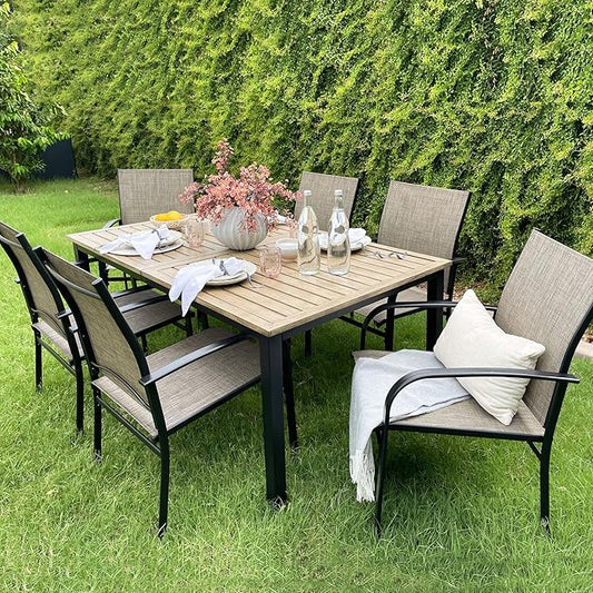 7 Pieces Patio Table and Chairs Set, Patio Dining Set for 6, 6 Textilene Chairs and 1 Wood-Like Rectangle Steel Table with Umbrella Hole, for Deck Backyard Lawn Poolside, Brown