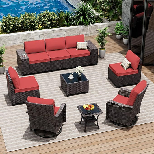 9 Pieces Patio Furniture Set with 2 Swivel Chairs Patio Furniture Outdoor Sectional Sofas Outdoor Patio Conversation Set - Red